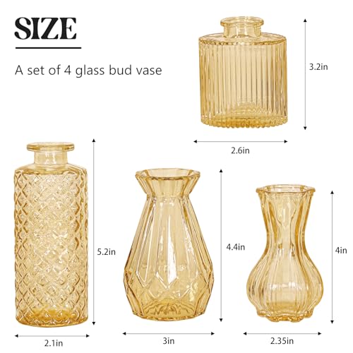Set of 4 Glass Bud Vase Set, Small Vintage Clear Flower Vase Centerpieces for Table Bulk Cute Rustic Style Mini Vase for Home Decor Wedding Baby Shower Birthday Party(Champagne) - color: Champagne