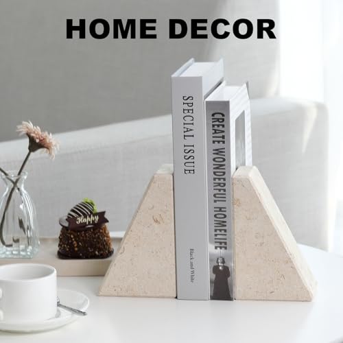 Karibiber Marble Bookends for Heavy Books, Decorative Book Ends for Shelves, Beige Stone Durable and Heavy-Duty Book Ends for Hardback Books & CDS, Unique Book Stopper & Holder, Set of 2 - color: Windsor Beige