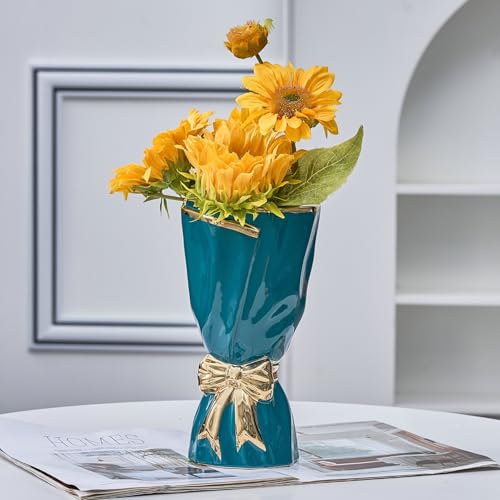 Bow Vase for Home Decor, Gold Vase for Boho Style, 9.65 Inch Large Vases for Ideal Table Decor, Living Room. Ceramic Flower Vases. （Glazed Exterior and Interior） (Green, Large) - color: Green and Gold