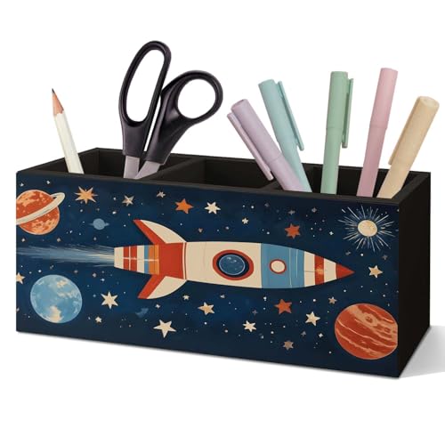 SNNDER Outer Space Pen Holder for Desk, Cosmic Rocket Planet Celestial Wooden Box Sign Desk Decor for Kids Room Home Classroom Decoration, Blue Galaxy Pencil Organizer, Space Decor for Boys Room - color: rocket