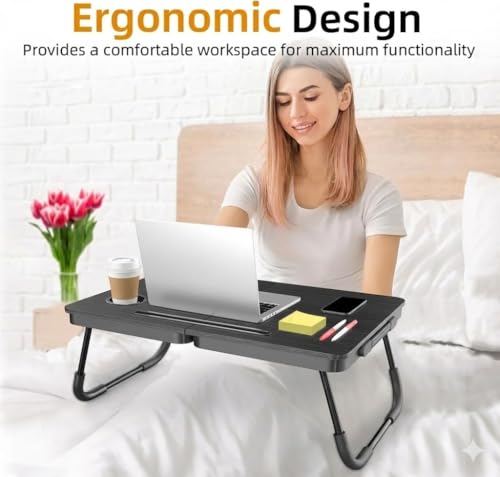BUYIFY Foldable Laptop Bed Desk for Couch, Sofa - Large Lap Desk Tray Table with Cup Holder and Tablet Slot - Portable Notebook Stand for Eating, Writing, Studying and WFH (Black)- USA Original Patent - color: Black