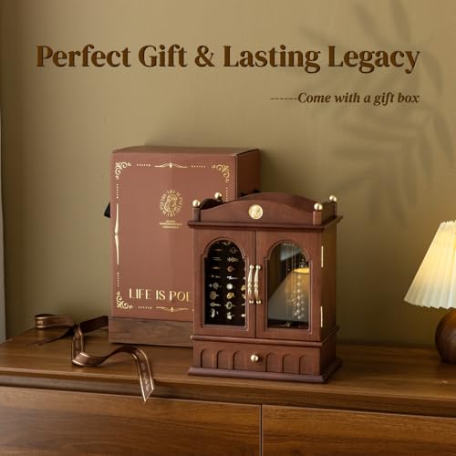 KINTNESS Magic House Style Black Walnut Wooden Jewelry Box - Solid Wood Large Jewelry Organizer with Secret Compartment for Women Girls, Jewelry for Bracelet, Necklace, Ring - style: Magic House Design