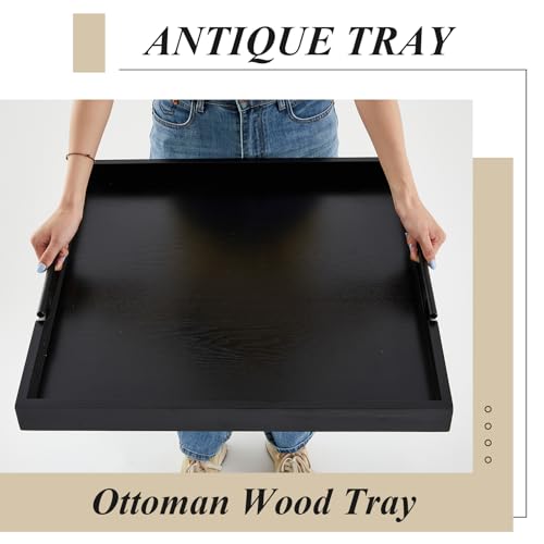 Remagr 24'' Square Extra Large Ottoman Tray, Wood Serving Tray with 4 Coasters and Metal Handles Decorative Coffee Table Platter for Living Room Sofa Food Tea Server Housewarming Home Gift(Black)