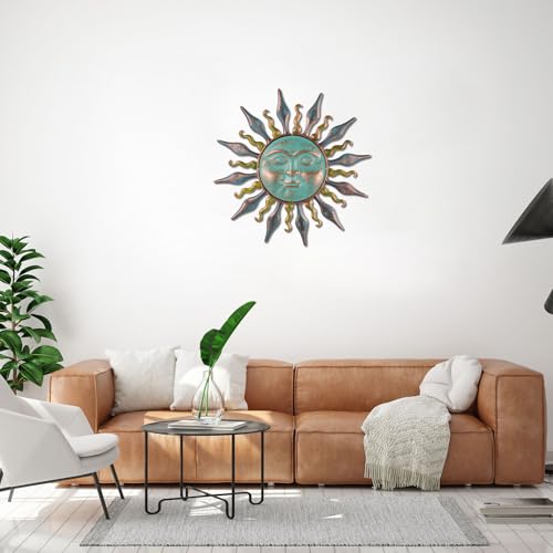 HOBYLUBY Metal Wall Art Decor, 25'' Large Wall Art Hanging Decor & Wall Sculpture, Sun Wall Decor for Patio, Fence, Garden, Home Decor(Cyan) - color: Cyan