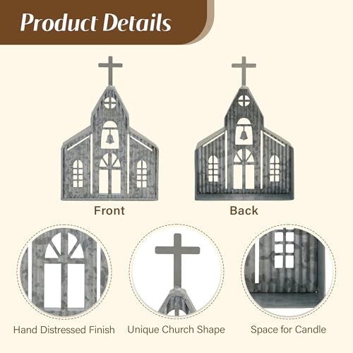 Church Shaped Tea Light Candle Holder Farmhouse Galvanized Metal Candle Holder Vintage Decorative Tealight Holder for Table Centerpiece Decoration - 6.22" x 1.97" x 9.25" - size: Crucifixion Church