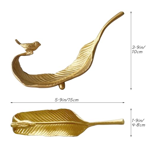Small Leaf Shaped Trinket Dish, Decorative Gold Jewelry Dish Tray, Ring Hodler Dish Jewelry Organizer - color: Bay Leaf with Bird
