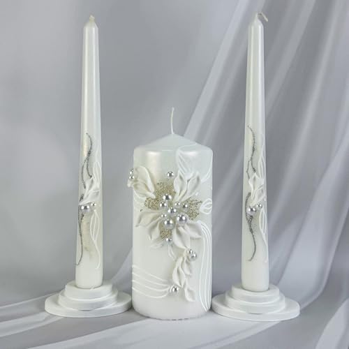 Unity Candle Set - Wedding Ceremony & Reception – 6” Pillar & Two 10” Taper Candles – Long Burning Unity Candles for Marriage Ritual – Handmade in USA – Royal White