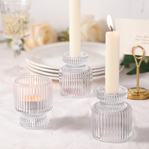 6 Pcs Clear Glass Candlestick Holders with Vertical Stripes - Dual-Use for Taper Candles & Votive/Tea Lights, Taper Candle Holders for Dining Table, Wedding, Home, Party Decor, Gifts - color: Clear, size: 6Pcs