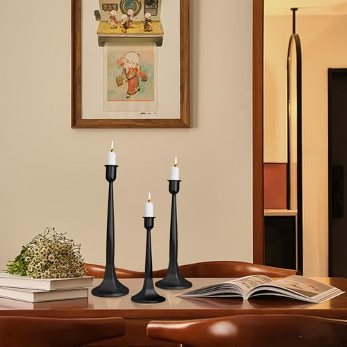 Iron Taper Candle Holder Set of 3, Decorative Candlestick Holders,Tall Candle Stand for Wedding, Dining Table, Party Decoration (Black, 12" 14" 15.5") - color: Black