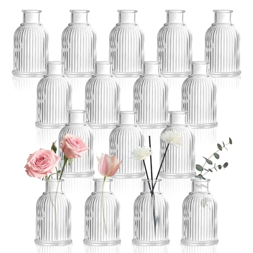 DomeStar 16PCS Glass Bud Vases for Flowers, 3.8inch Small Flower Vase in Bulk Clear Mini Ribbed Vases for Centerpieces Suitable for Modern Wedding Reception Baby Shower Table Decorations