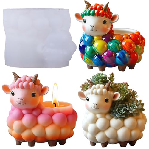 1Pc Cute Sheep Silicone Jar Mold 3D Lamb Shaped Resin Planter Mold for Concrete Casting Epoxy Candle Holder Desk Pen Cup DIY Plaster Art Home Decor Makeup Brush Handmade Gifts - color: Sheep Resin Mold