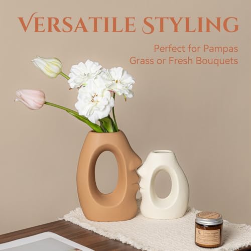 Beige & Brown Ceramic Vases for Home Decor, Modern Abstract Face Vase Set of 2, Unique Boho Flower Vases for Living Room, Office, Entryway, Wedding for Couple, Home Gifts for Friends - color: Art in the Kiss