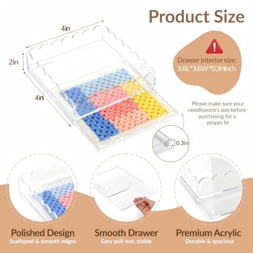 Acrylic Trays for Needlepoint 4" x 4", Scalloped Acrylic Tray with Drawer for Insert Needlepoint, Photos, Art, Fabric, Napkin, Messages Display Basket, Decorative Tray Gift for Home Office - size: 4''x4''x2''