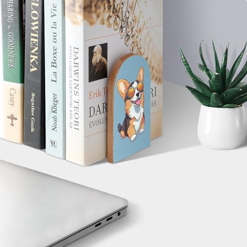 Sunglasses Corgi Tricolor Dog Book Ends Decorative Wood Bookends for Shelves Kids Room Desk Home Office Book Stoppers for Magazines,Books, DVDs, 1 Pair/2 Pieces(5x3.1 in)