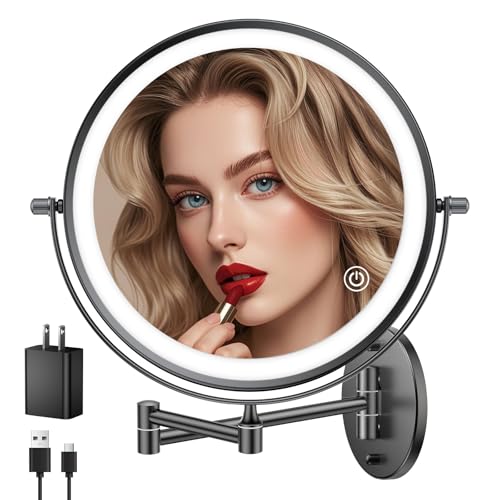 FUNTOUCH 5000mAh Rechargeable Wall Mounted Makeup Mirror with Lights, 9" Double Sided 1X/30X Magnifying Mirror with Dimmable 3 Color Light, Extended Swing Arm 360° Wall Mount Bathroom Mirror, Black - color: Black-30x