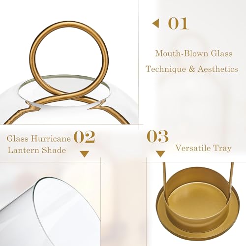 Hurricane Glass Candle Holders for Pillar Candles Set of 2 (5" & 4" Wide), Gold Metal Candlestick Holders, Modern Decorative Centerpiece Lanterns for Table Mantel Wedding Housewarming Gift - color: Gold