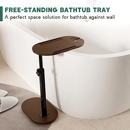 Yumkfoi Bamboo Bathtub Tray Table with Adjustable Height, Freestanding Bath Caddy Side Table for Tub Against Wall, Tub Shelf with Wine Glass Phone Holder, Functional Tray - Patent Protected (Brown) - color: Brown