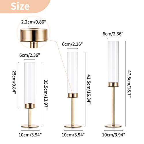 Nuptio Glass Hurricane Candle Holder: Set of 6 Gold Candlestick Holders - Long Stem Taper Candleholders for Christmas Tabletop Centerpiece Fireplace Decor Cylinder Candle Stand Windproof 14" 16" 18" - size: 14 & 16 & 18 in