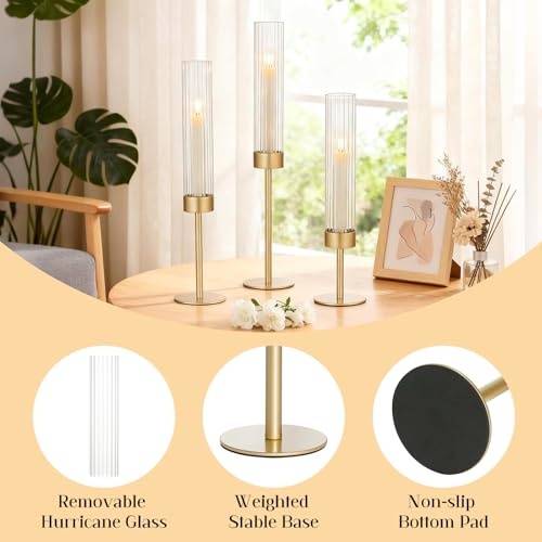 Gold Hurricane Candle Holders Set of 3, Brass Taper Candle Holders for Candlesticks, Elegant Tall Candle Sticks Holder Decor for Table Centerpiece, Wedding & Christmas Decorations