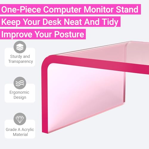 Ergonomic Acrylic Monitor Stand with Storage - Bright Pink Desktop Organizer for Back Pain Relief & Space Saving, Stylish & Modern Desktop Organizer(Home/Office Use)