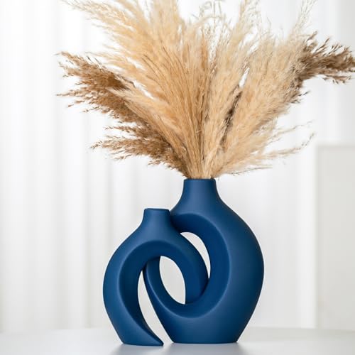 Lvases Snuggle Hollow Ceramic Vase Set of 2, Nordic Modern Boho ins Style Ceramic Aesthetic Flower Vases for Home Decor Living Room Coffee Table Decorative (Matte Navy Blue W 6.3" X H 8.4") - color: Large Navy Blue