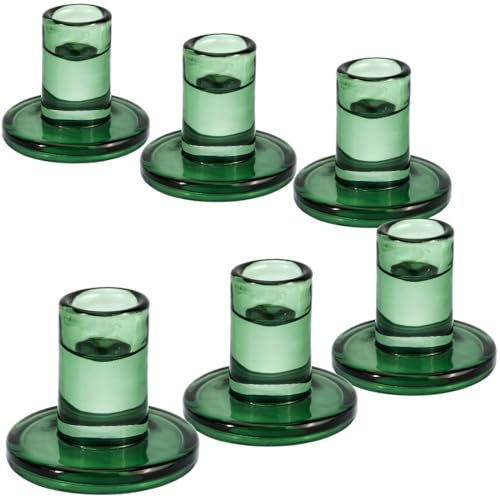 TELOSMA Green Glass Candlestick Holders 6PCS, Short Candle Holders fit to Taper Candles which Diameter 5/6-7/8 inch- Summer Dinner Table Decor, Winter Windowsills/Fireplace Mantel Centerpiece - color: Green