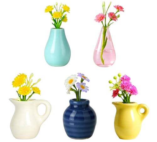 Renmxj Mini Ceramic Vase Magnets for Fridge, Cute Tiny Plant Vase Fridge Magnets for Kitchen Refrigerator Office Locker Decoration with Fake Flowers (5 Pack) - color: 5 Pack