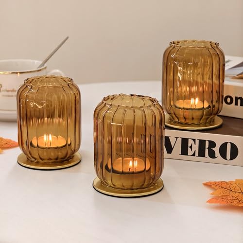 Vixdonos Glass Hurricane Tealight Candle Holder with Metal Candle Stand,Set of 3 Modern Windproof Votive Candle Holders for Wedding Party Table Centerpiece Outdoor,Amber - color: Amber