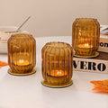 Vixdonos Glass Hurricane Tealight Candle Holder with Metal Candle Stand,Set of 3 Modern Windproof Votive Candle Holders for Wedding Party Table Centerpiece Outdoor,Amber - color: Amber