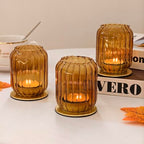 Vixdonos Glass Hurricane Tealight Candle Holder with Metal Candle Stand,Set of 3 Modern Windproof Votive Candle Holders for Wedding Party Table Centerpiece Outdoor,Amber - color: Amber