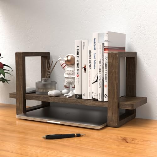 Small Bookend-Type Desktop Bookshelf – Rustic Handmade Vintage Style, Loose-Fit Reversible Organizer | Easily-Adjustable Desk Shelf for Home, Class, Dorm | Carbonzied Paulownia Solid Wood - color: Carbonized