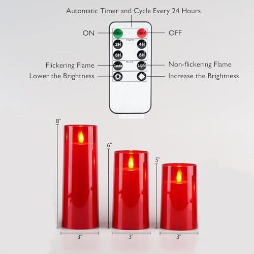 Homemory Christmas Red Flickering Flameless Candles, Battery Operated Acrylic LED Pillar Candles with Remote Control and Timer, Set of 9 - color: Red, 9Pack