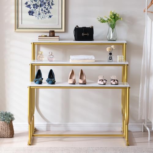 Heavy Duty Display Riser Stand, Tiered Shoes Bags Dolls, Display Table, Imitation marble Grain Planks Display Shelf(3 Tier)