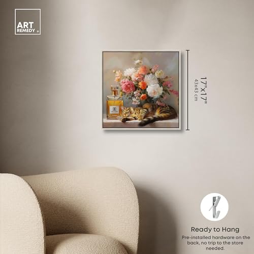 Art Remedy Cat Floral Vase Perfume Canvas Fashion Pet Art, Silver Frame, 16" x 16" - color: Silver Frame, size: 17"L x 17"W