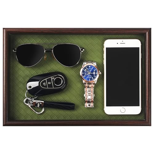 Zosenley Wooden Valet Tray with Leather Base - Nightstand Catchall Organizer for Cologne, Perfume, Keys, Wallet, Phone, Watch, Jewelry & Sunglasses (Green) - color: Green