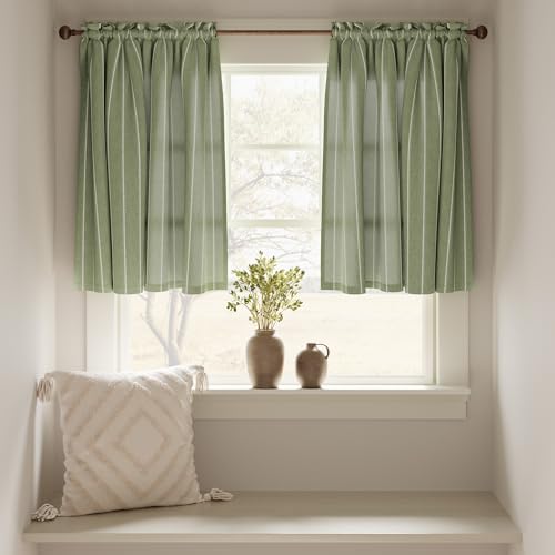 jinchan Nautical Striped Linen Kitchen Curtains 24 Inches Farmhouse Tier Cafe Curtains for Living Room Bathroom Laundry RV Rustic Half Window Light Filtering 2 Panels Green - color: Nautical Striped Green, size: 26"W x 24"L (Pack of 2)