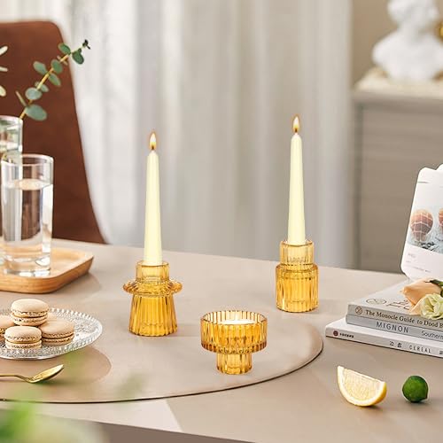Taper Votive Candle Holder for Pillar Candles Tealight, Candlestick Holder for Wedding Christmas Tea Party, Boho Ribbed Vintage Crystal Glass Table Centerpiece Decor, Bulk Set of 6 (Amber) - color: Amber