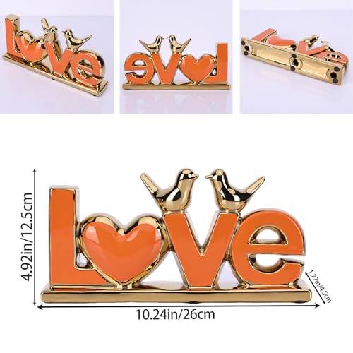 DOVDOV Orange and Gold Ceramic Love Sign Sculpture with Heart and Bird Statues, Modern Home Decor Accents for Living Room Coffee Table, TV Stand, Entryway and Shelf, Wedding or Housewarming Gift - color: Og