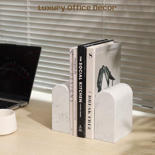 Marble Bookends for Shelves, Decorative Book Ends, 13lbs Heavy-Duty Marble Book Holders, Stone Bookshelf Decor, Carrara White - color: Carrara White, size: 12LB