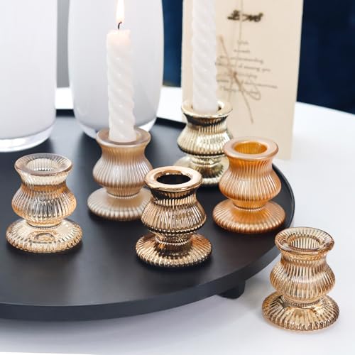 WDHODEC Gold Candlestick Holders 12PCS Glass Taper Candle Holders for Table Centerpiece Colorful Candle Sticks for Wedding, Party and Festival Decoration - color: Gold