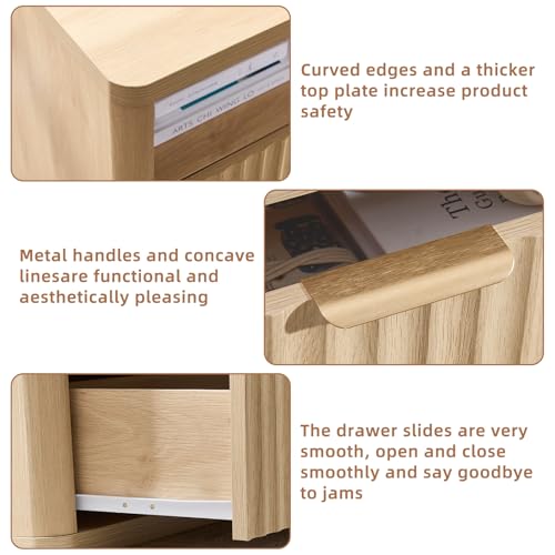 LEYAOYAO 31" Wide Fluted Nightstand with Charging Station, Oversized Extra Large 2 Drawers Night Stand,Natural Wood Bedside Table,Tall Bed Side End Tables,Modern Chest of Drawers Dressers for Bedroom - color: Natural, size: 2 Drawers