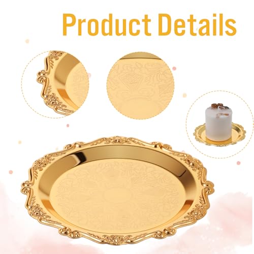 2 PCS Gold Pillar Candle Holder Decor, 5.9 Inch Round Metal Carved Candle Tray, Pillar Candles Plates Stand Decorative for Scented Ball Flameless Candles LED Coffee Table Wedding Party Home