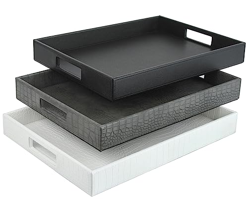 HofferRuffer Rectangle Serving Tray with Hole Handles for Coffee Table, Breakfast, Tea, Food, Butler - Countertop, Kitchen, Vanity Serve Tray, 16.2 x 12.2 x 2 inches, Faux Leather Tray (Black) - color: Black, size: 16.2" x 12.2" x 2"