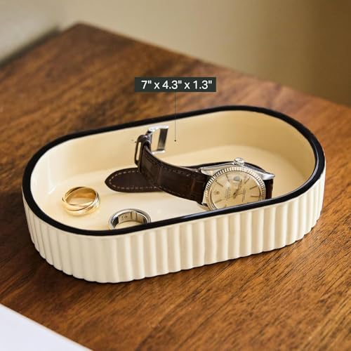 Preston Lane Signature Ceramic Tray – Handmade in Portugal with Fluted Edges & Hand-Painted Trim – Decorative Organizer or Home Accent, Medium, Alabaster - color: Alabaster