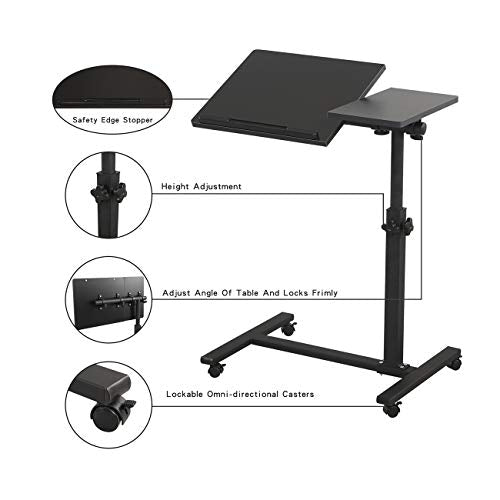 TigerDad Overbed Bedside Desk Mobile Rolling Laptop Stand Tilting Overbed Table with Wheels Height Adjustable Tray Table for Laptop Bed Sofa Side Table (Black) - color: Black