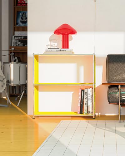 32-Inch 2-Tier Metal Bookcase, Open Shelf Storage Organizer for Living Room, Bedroom, Side Table or Nightstand Use, Modern DIY Assembly (Matt Yellow) - color: Matt Yellow