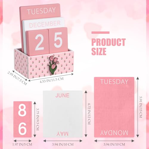 AceOrbit Pink Tulip Wood Block Perpetual Calendar Coquettish Desk Decor Cute Month Week Date Display Decorative Block Calendar for Women Office Home Desk Gift for Women - style: Pink Tulips