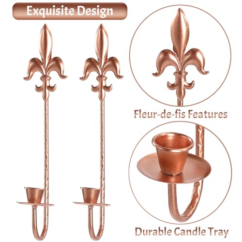 Rose Gold Metal Candle Sconces Wall Decor Set of 2 - Elegant Fleur De Lis Wall Mounted Candle Holders, 13.5" Vintage Decorative Candle Holder for Home Decor, Wedding, Dining Room, Bedroom - color: Rose Gold