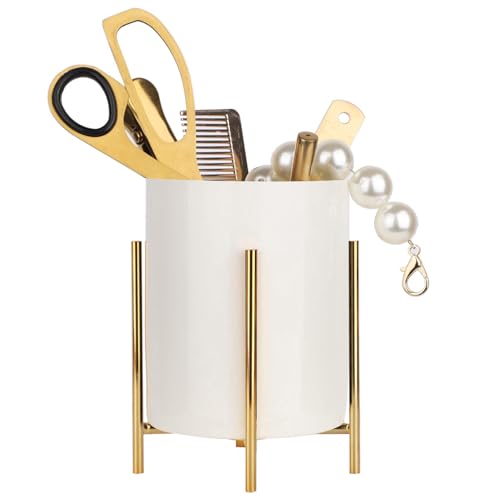 Pencil Holders & Pen Holders Gold Desk Accessories for Women Strong Metal and Ceramic Pen cup(High5.5'' x wide3.8'') - color: White gold, size: H 5.5''