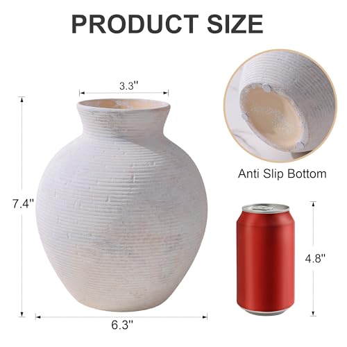 Ceramic Flower Vase Home Decor, 7.4 in Farmhouse Table Vases Rustic Vintage Living Room Kitchen Bedroom Decoration Pottery Decorative Vases for Flowers House Shelf Office Desk Dining Entryway, White - color: 7.4 in - Antique White